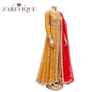 Women Mustard Yellow Anarkali Dress - Embroidered Gown Set