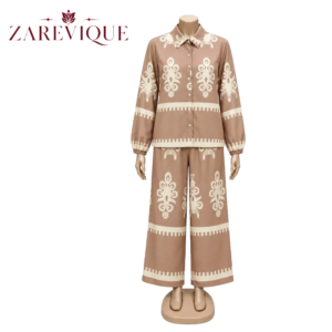 Women Printed Beige Co-Ord Set - Long Sleeve Shirt & Trouser