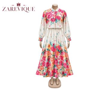 Women Floral Print Maxi Dress - Cream & Pink Long Sleeve Dress