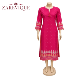 Women Magenta Pink Printed Kurta - Gold Motif Ethnic Tunic