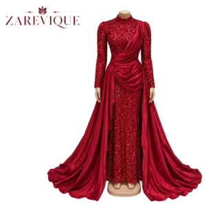 Women Red Sequin Evening Gown - High Neck Satin Train Dress
