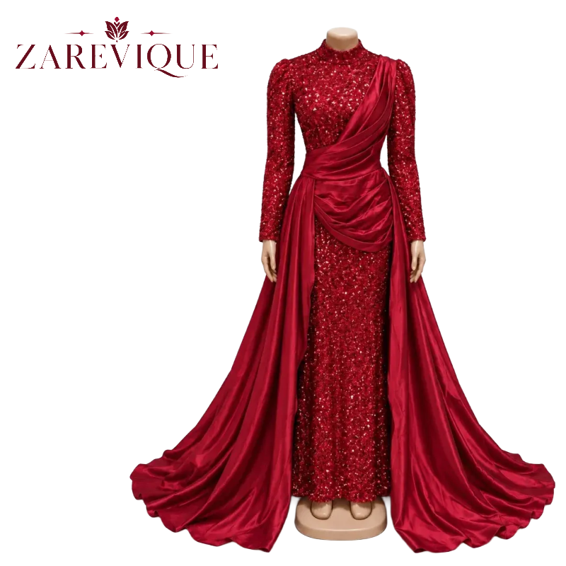 Women Red Sequin Evening Gown - High Neck Satin Train Dress