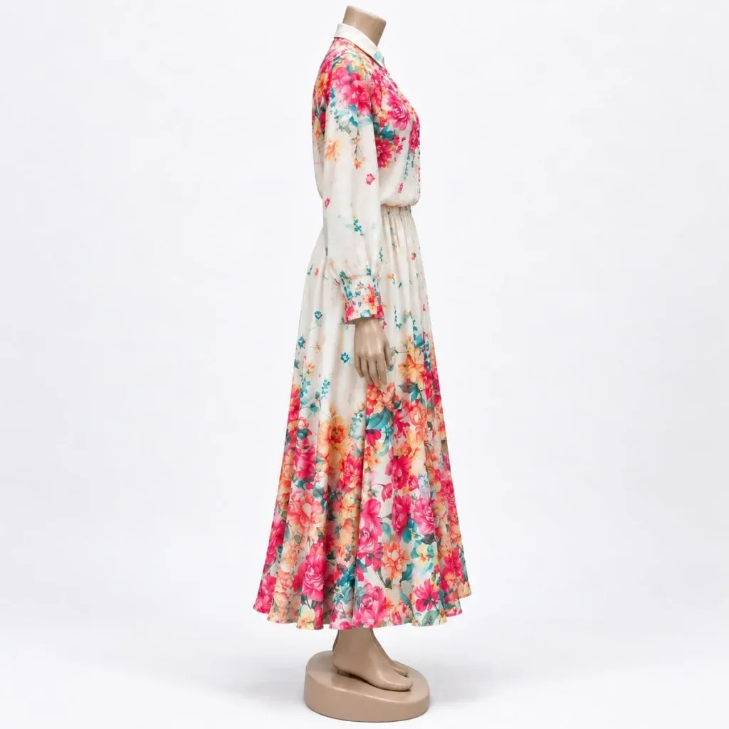 Women Floral Print Maxi Dress - Cream & Pink Long Sleeve Dress - Image 8