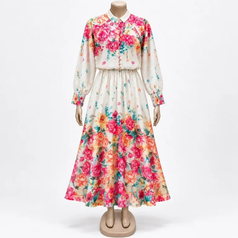 Women Floral Print Maxi Dress - Cream & Pink Long Sleeve Dress - Image 7