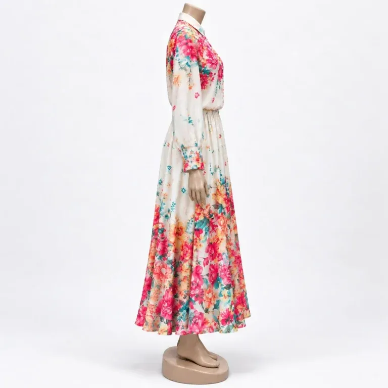 Women Floral Print Maxi Dress - Cream & Pink Long Sleeve Dress - Image 6