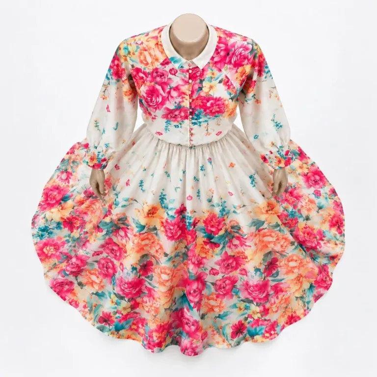 Women Floral Print Maxi Dress - Cream & Pink Long Sleeve Dress - Image 5