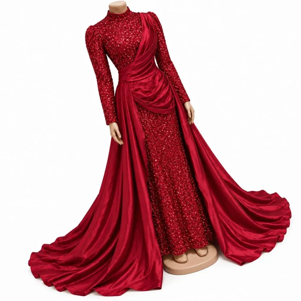 Women Red Sequin Evening Gown - High Neck Satin Train Dress - Image 7