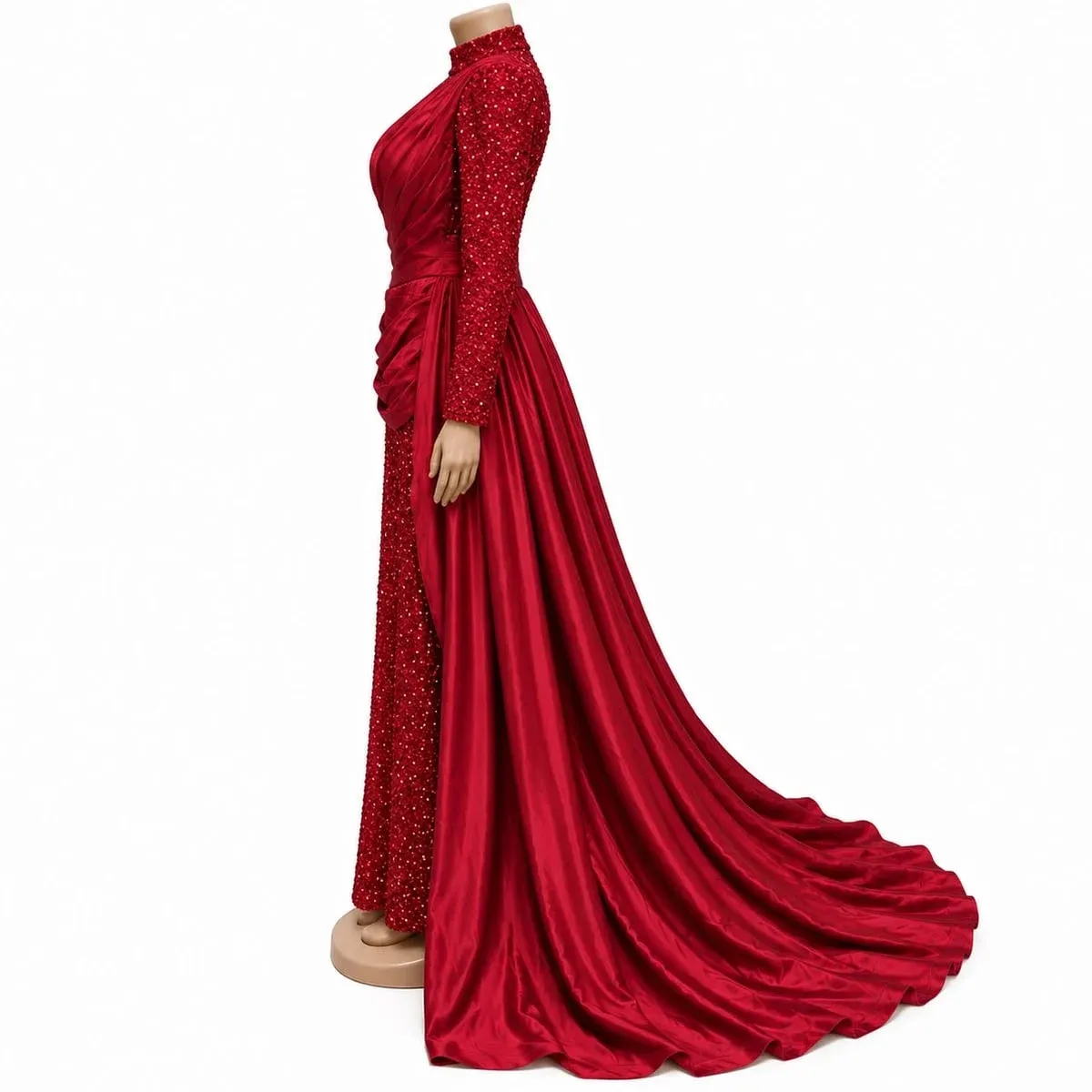 Women Red Sequin Evening Gown - High Neck Satin Train Dress - Image 5