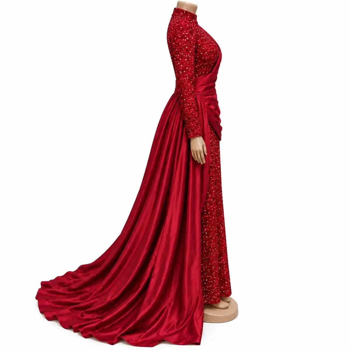 Women Red Sequin Evening Gown - High Neck Satin Train Dress - Image 4