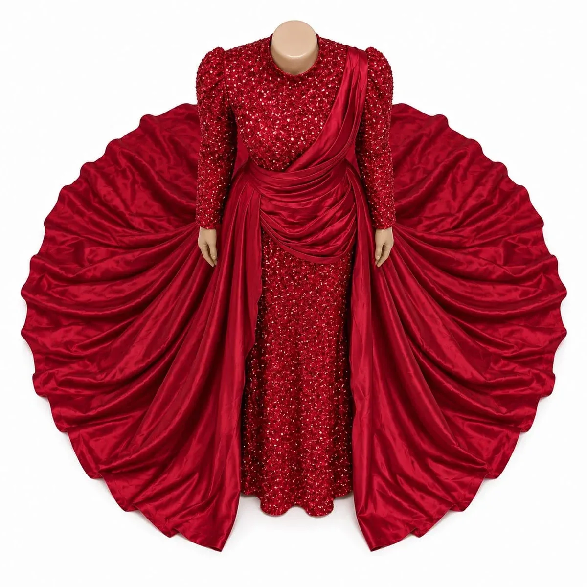 Women Red Sequin Evening Gown - High Neck Satin Train Dress - Image 3